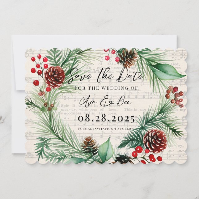 Music Red Berry Wreath Wedding Save The Date Card (Front)