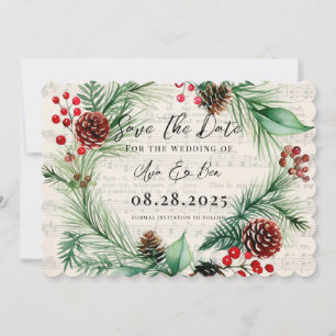 Music Red Berry Wreath Wedding Save The Date Card
