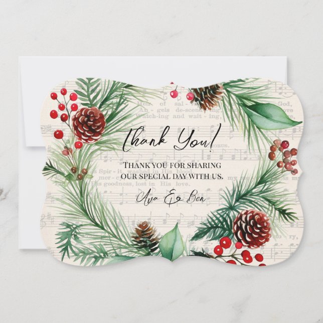 Music Red Berry Wreath Wedding Thank You Card (Front)