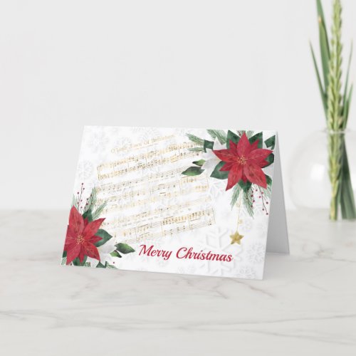 Music Red White Poinsettia Star Christmas Holiday Card