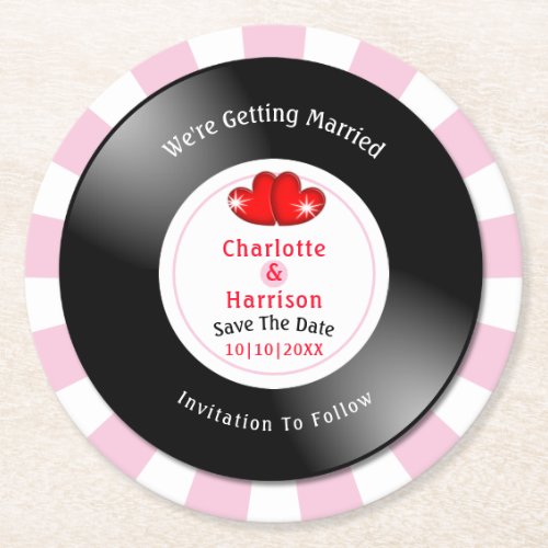 Music Retro Vinyl Record Wedding Fun Save The Date Round Paper Coaster