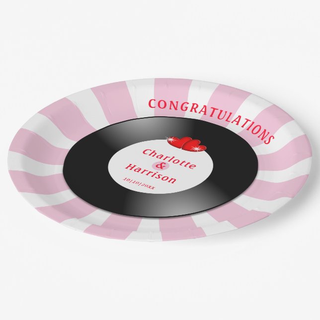 Music Retro Vinyl Record Wedding Paper Plates (Angled)