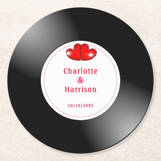 Music Retro Vinyl Record Wedding Round Paper Coaster (Front)
