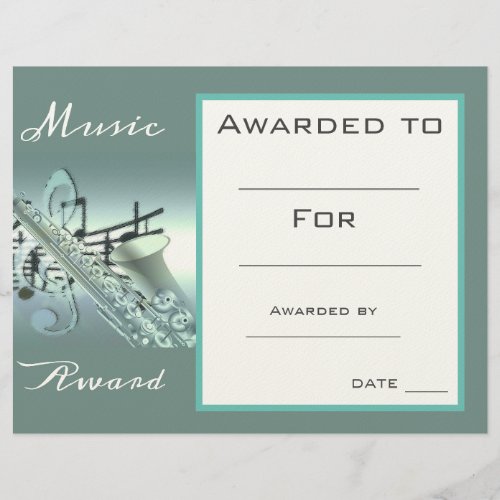 Music saxophone award certificate music teacher