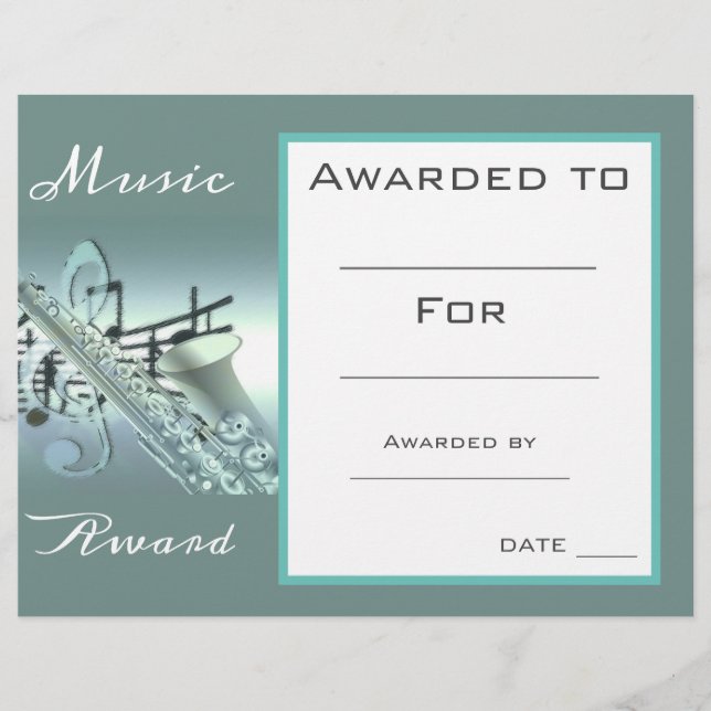 Music saxophone award certificate music teacher (Front)