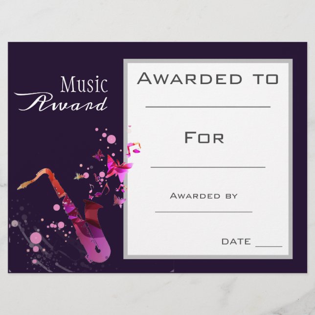Music saxophone award certificate music teacher (Front)