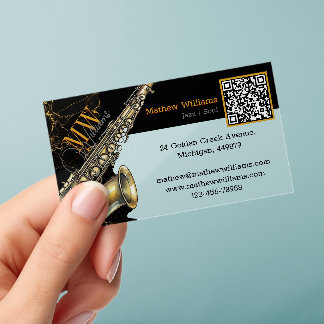 Music, Saxophone, Jazz, QR Code, Monogram Clear Business Cards