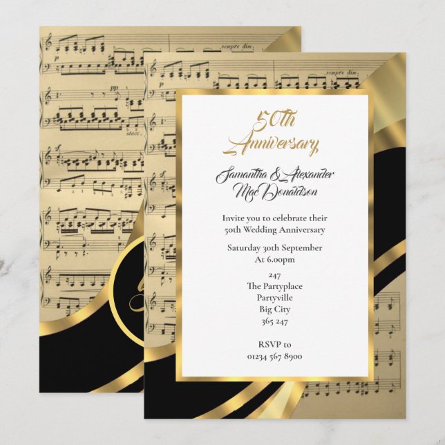 Music sheet golden wedding anniversary invitation (Front/Back)