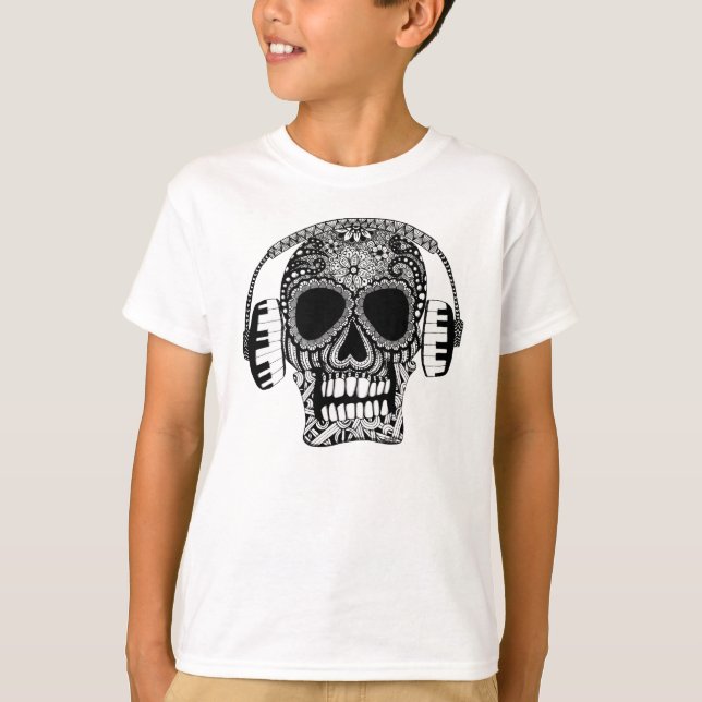 Music Skull with Headphones Sugar Skull T-Shirt (Front)