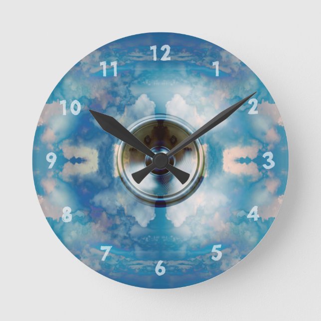 Music speaker and cloudy blue sky round clock (Front)