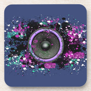 Music speaker and splattered paint beverage coaster