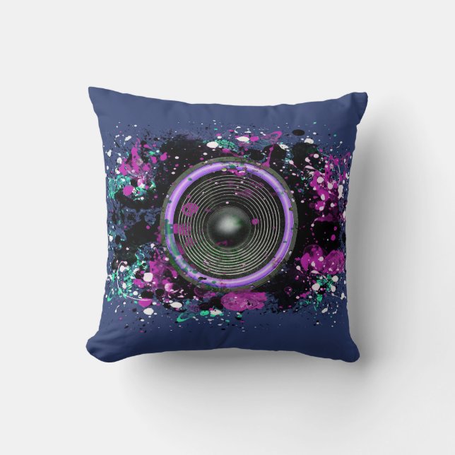 Music speaker and splattered paint throw pillow (Front)