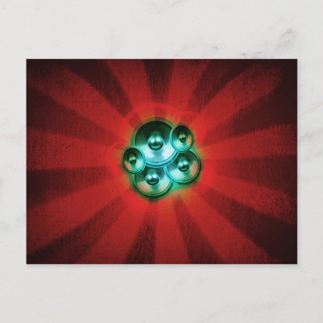 Music speakers and red sunburst postcard (Front)