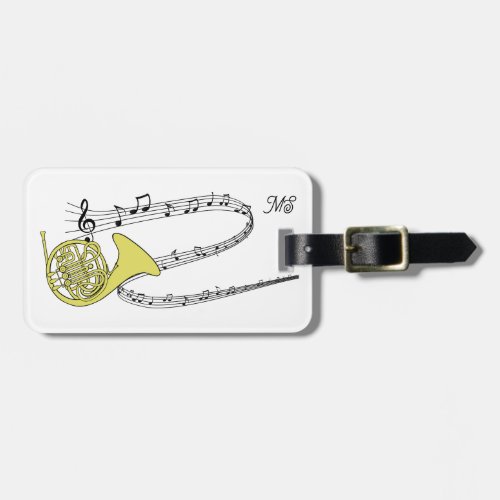 Music Staff and French Horn Drawing with Initials Luggage Tag