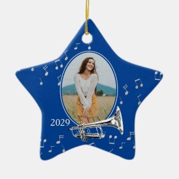 Music Star Blue With Trumpet Ceramic Ornament by hamitup at Zazzle