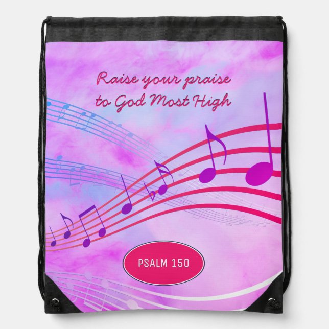 Music Staves | RAISE YOUR PRAISE | Christian Quote Drawstring Bag (Front)