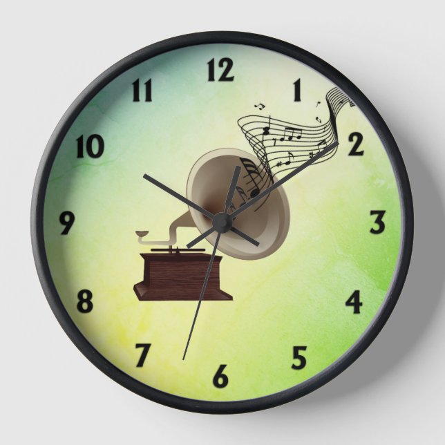 Music Streams from Gramophone w 12 Numbers Green Clock (Front)