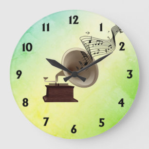 Music Streams from Gramophone w 12 Numbers Green Large Clock