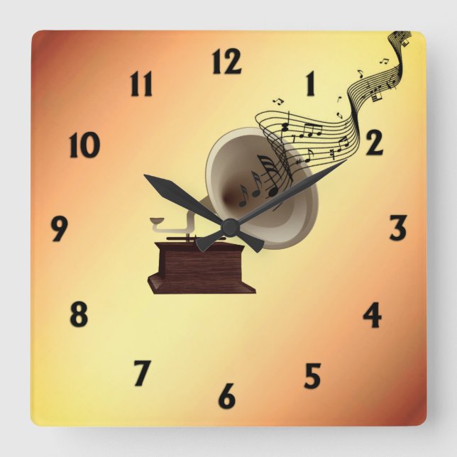 Music Streams from Gramophone w 12 Numbers Square Wall Clock (Front)