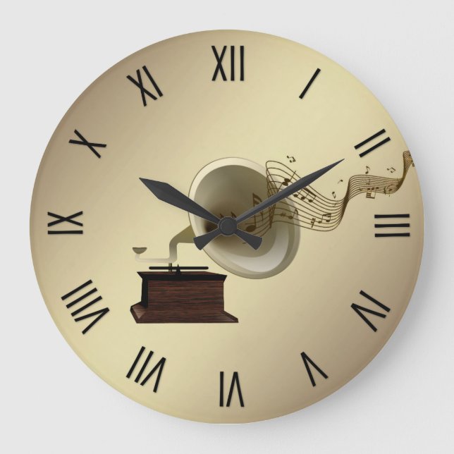Music Streams from Gramophone w 12 Numerals Large Clock (Front)