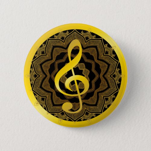 Music Symbol Clef Notes in Gold Black Mandala Art Pinback Button