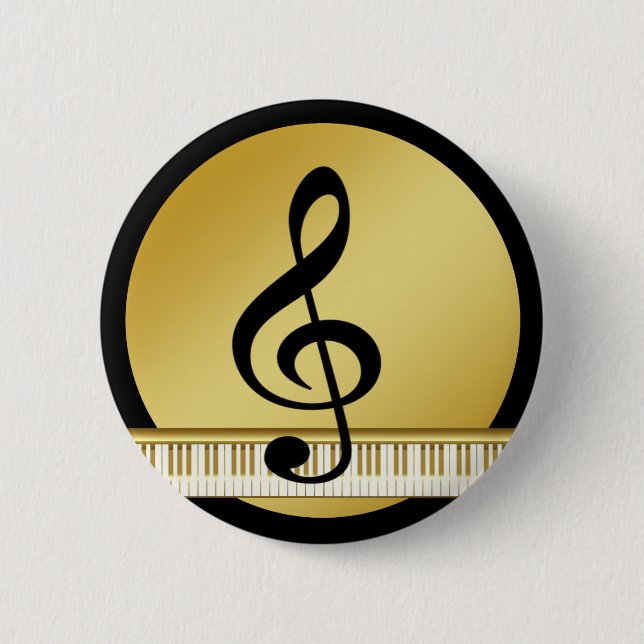 Music Symbol Clef Notes in Piano Gold Black Button (Front)