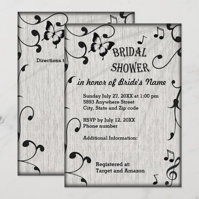 Music Symbols, Leaves, Gray Bridal Shower invite (Front/Back)