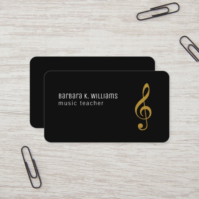 Music teacher black business card with music note (Front/Back In Situ)
