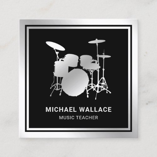Music Teacher Black Silver Foil Drum Kit Drummer Square Business Card