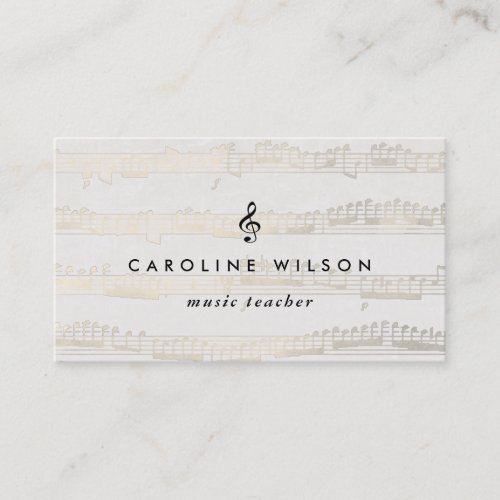 music teacher black treble clef on faux gold notes business card