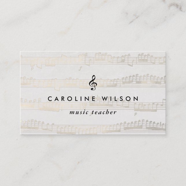 music teacher black treble clef on faux gold notes business card (Front)