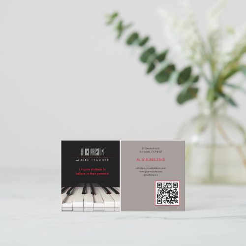 Music Teacher  Black White Piano Business Card