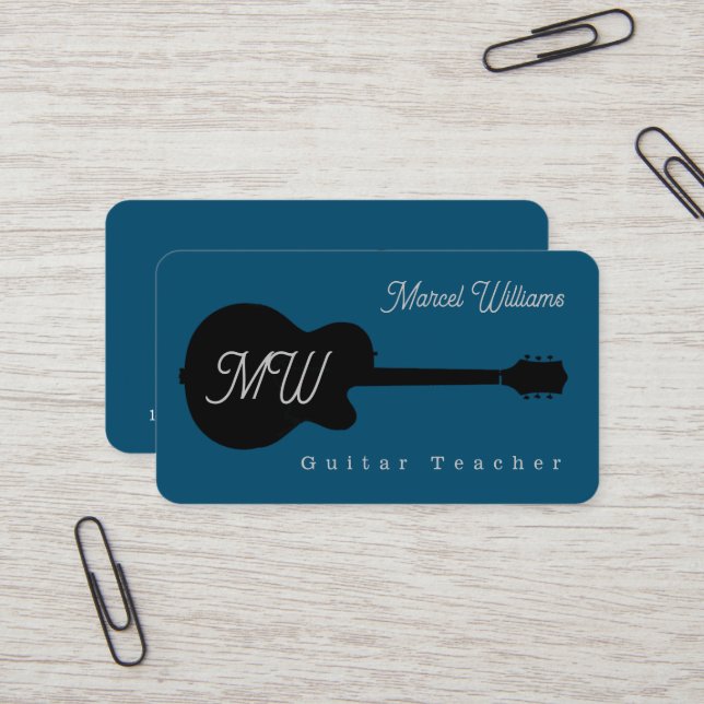Music Teacher blue Business Card with blk. Guitar (Front/Back In Situ)