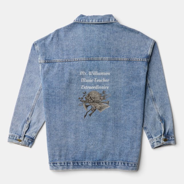 Music Teacher Blue Orchestra Band Instruments Denim Jacket (Back)