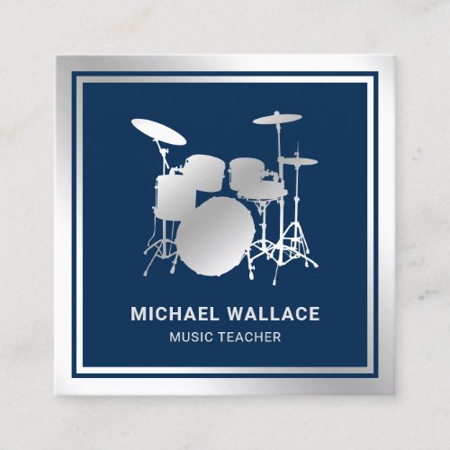 Music Teacher Blue Silver Foil Drum Kit Drummer Square Business Card