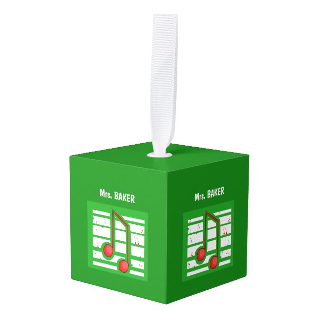 Music Teacher Christmas, Notes on Green Cube Ornament (Front Angled)