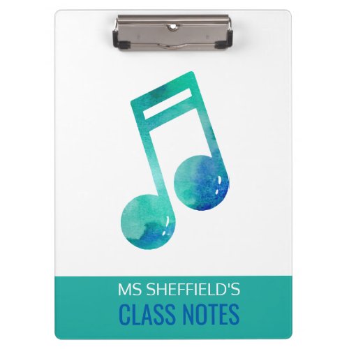 Music Teacher Class Notes Watercolor Personalized Clipboard