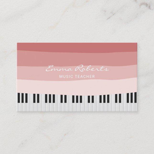 Music Teacher Coral Red Stripes Piano Keys Musical Business Card (Front)