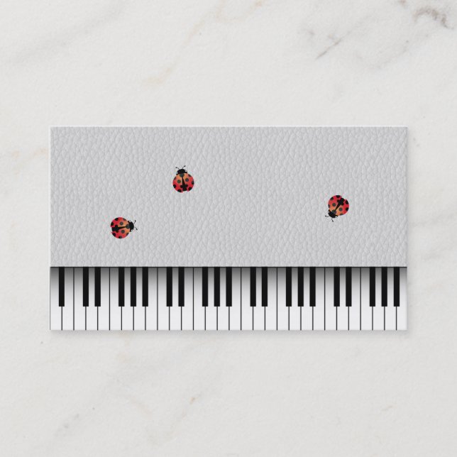 Music Teacher Cute Ladybugs & Piano Keys Leather Business Card (Front)