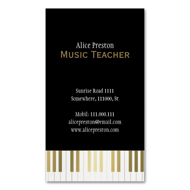 Music Teacher | Elegant Black Golden Piano Business Card Magnet (Front Vertical)