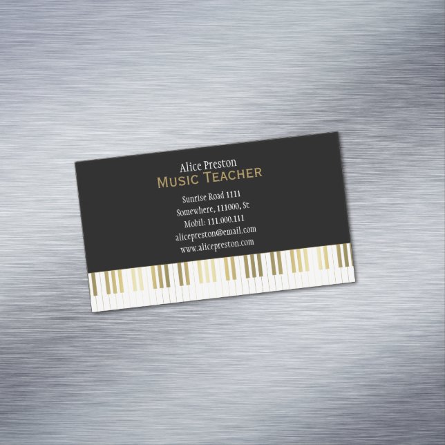 Music Teacher | Elegant Black Golden Piano Business Card Magnet (In Situ)
