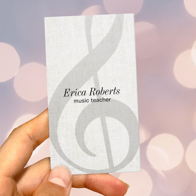 Music Teacher Elegant Linen Treble Clef Musical Business Card (Creator Uploaded)