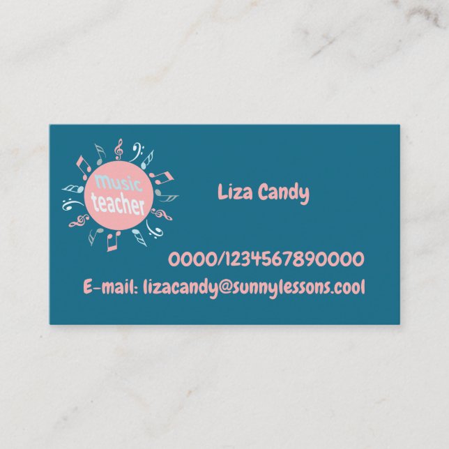 Music teacher elegant notes blue background business card (Front)