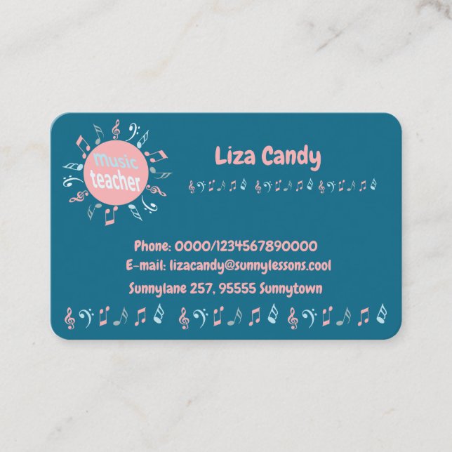 Music teacher elegant notes blue background business card (Front)