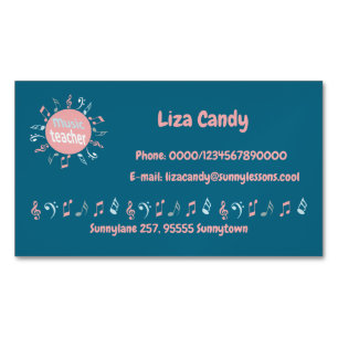 Music teacher elegant notes blue background business card magnet