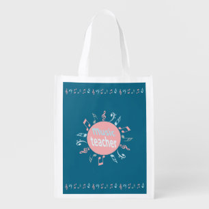 Music teacher elegant notes blue background grocery bag