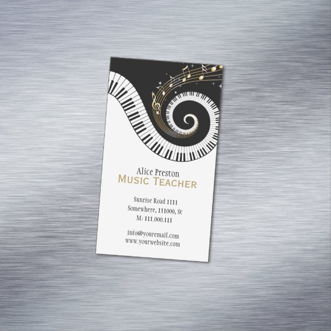 Music Teacher | Elegant Spiral Clack White Piano Business Card Magnet (In Situ)
