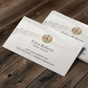 Music Teacher Gold Clef Logo Classy Linen Musical Business Card