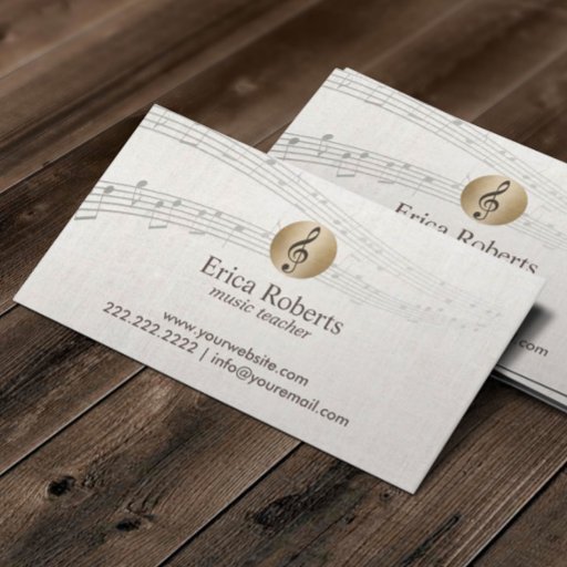Customizable Music Teacher Gold Clef Logo Classy Linen Musical Business Card