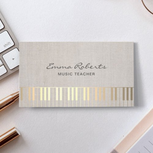 Music Teacher Gold Piano Musical Elegant Linen Business Card